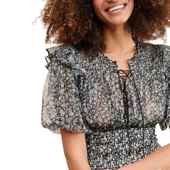 Free People Beatrice Mesh Black Combo Blouse, Size Medium, New with Tag MSRP $88 - Picture 2 of 9